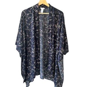 J. Jill Mini Floral One Size Long Kimono Toper Navy Stretch Crepe Cocoon